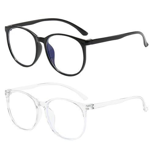2 Stück Anti Blaues Fake Brille, Blaulichtfilter Brille Herren Damen, Blue Light Glasses, Qualität Runde Rahmen Blaulicht Brille, Leichtes Gewicht Klare Blaulichtfilter Brille (Transparent,Schwarz）