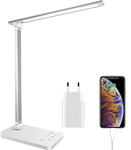 Qualore Schreibtischlampe, LED Tischlampe Dimmbar mit 5 Helligkeitsstufen 5 Farb, USB Anschluss, Auto Timer, Touchpanel, Memory-Funktion, Augenfreundliche Nachttischlampe für Kinder Mädchen