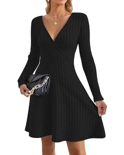 AUSELILY Strickkleid Damen Herbst Leichte Langarm V-Ausschnitt Winterkleid A Linie Elegant Herbstkleid Knielang Kleid Midi Pulloverkleid Tunikakleid Schwarz M