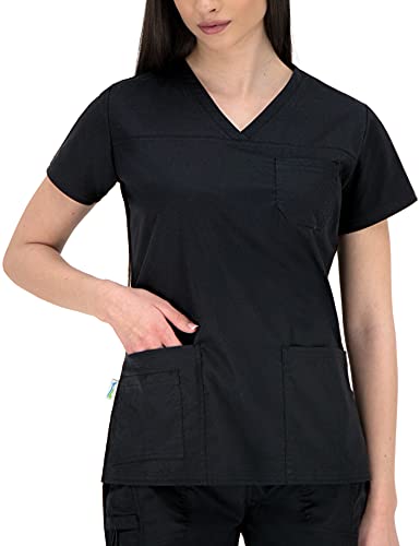 B-well Andrea Berufskleidung Damen Kasack Pflege Kasack Schlupfkasack Kurzarm V-Ausschnitt für Krankenschwester, Zahnarzt, Ärzte, Dienstmädchen, Studenten, Tiermediziner (Schwarz, 42)