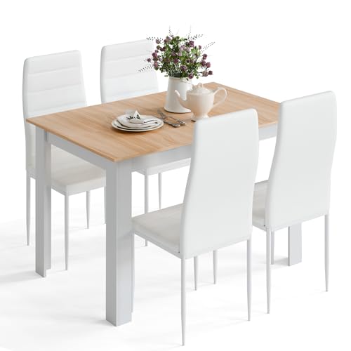 Mondeer Esstisch mit 4 Stühlen Set, Essgruppe mit Hochlehner Kunstleder Stuhl für Küche Esszimmer Wohnzimmer, W120 x D90 x H75 cm, Weiß und Eiche