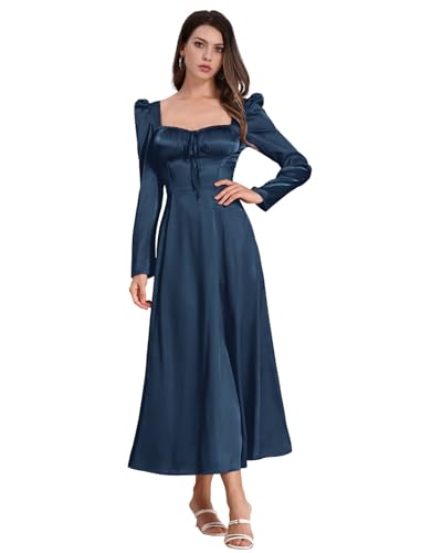 IDOPIP Damen Langarm, Vintage, Satin, Corsage, quadratischer Kragen, langes Kleid A – Linie Schnürung mit Blasenärmeln Hochzeitskleid Abendkleid, blau, X-Large