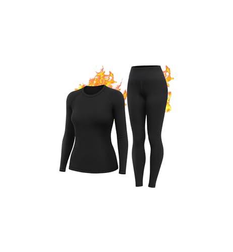 HiZiTi Thermounterwäsche Damen Skiunterwäsche Set Winter Schwarz Funktionsunterwäsche Thermo Unterwäsche Ski Damen Extra Warm Atmungsaktive Thermowäsche mit Thermounterhose Thermounterhemd Langarm XL