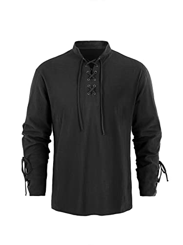 Runcati Mittelalter Herren Hemd Steampunk Piraten Kostüm Viking Schnürhemd Viktorian Renaissance Stehkragen Cosplay Tops, Schwarz, XL