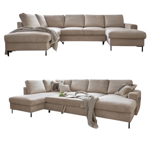 Cord Sofa U Form mit Schlaffunktion - Ecksofa mit Schlaffunktion und Bettkasten, Wohnlandschaft U Form, XXL Couch U Form, Big Sofa XXL, Eckcouch mit Schlaffunktion und Bettkasten, Ecksofa Beige Links