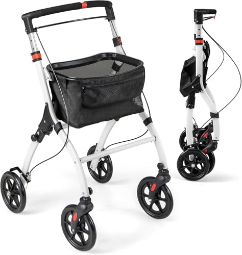 FANTASK Rollator Schmal für Wohnung, Indoor Rollator 5-Fach höhenverstellbar inkl. Tablett, Korb, 4 Rädern & Bremsen, Wohnungsrollator Faltbar & Leicht, Gehhilfe für Zuhause, Senioren