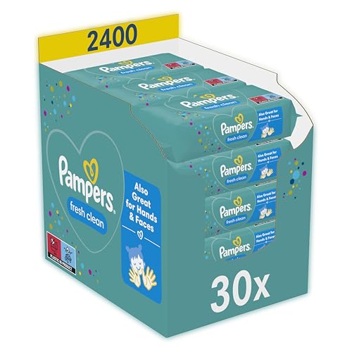 Pampers Fresh Clean Feuchttücher 30 Packungen mit 80 Stück, 2400 Feuchttücher, milder Duft, auch für Hände und Gesicht geeignet