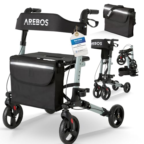 Arebos Leichtgewicht Rollator Aluminium | Reiserollator 6-fach höhenverstellbar | Faltbar | Inkl.Stockhalter und abnehmbare Einkaufstasche | Gehwagen Laufhilfe Gehhilfe mit Feststellfunktion | Schwarz