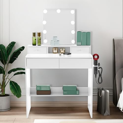 LEADZM Schminktisch mit LED-Beleuchtung & Spiegel, 3 Farben Verstellbarer Helligkeit, Frisiertisch mit 4 Schubladen & Föhnhalter(Weiß, 80x40x130 cm)