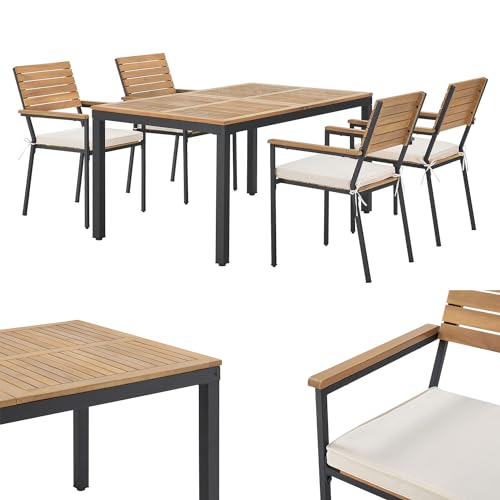 Juskys Akazienholz Gartengarnitur Rhodos - Tisch, 4 Stühle & Auflagen - Holz Gartenmöbel Set 5-teilig - Balkonmöbel -Outdoor Möbel Natur & Schwarz