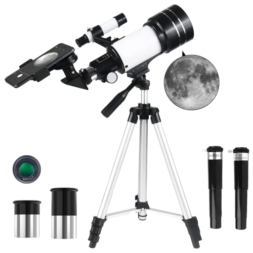 Misilmp Teleskop für Kinder & Anfänger, 70mm Aperture 300mm Refraktor Teleskope Einsteiger, mit Ausziehbarem Stativ, Okulare, Sucherfernrohr, Mondfilter Astronomie Erwachsene Telescope (Weiß)