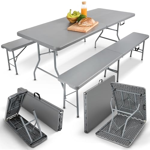 Arebos Bierzeltgarnitur 3-teilig Set Tisch + 2 x Bank | Festzeltgarnitur für drinnen - draußen | Biertisch Set | Zusammenklappbar & mit Tragegriff Campingtisch | Anthrazit