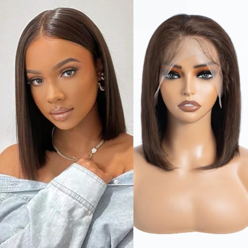 DÉBUT braune gerade Bob Perücken Echthaar 13X4 Lace Front Bob Perücke Echthaar vorgezupft mit Babyhaar 180% Dichte Kleberlose Perücken für Frauen (30 cm, 4)