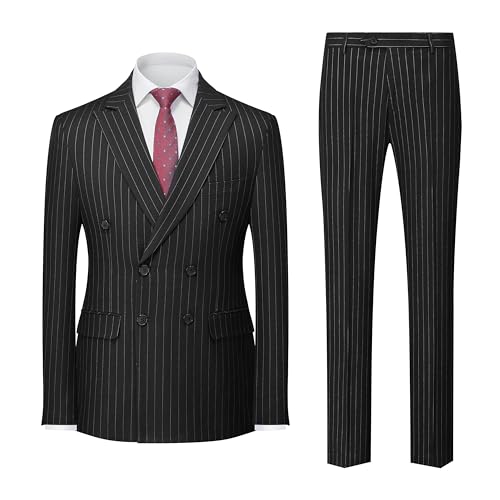 MOGU Herren Zweireihiger Nadelstreifen-Anzug, 2-teilig, schmale Passform, Smoking, formelle Jacke und Hose für Business, Hochzeit, Abschlussball, Schwarz, S
