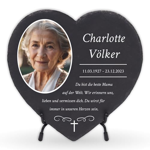 LAUBLUST Personalisierte Grabplatte als Grabschmuck für Menschen mit Wunschtext | Schieferplatte mit Gravur als Grabstein Deko & Grabtafel in Herzform - Kreuz, 15 x 15 cm | Grabsteine mit Name & Foto