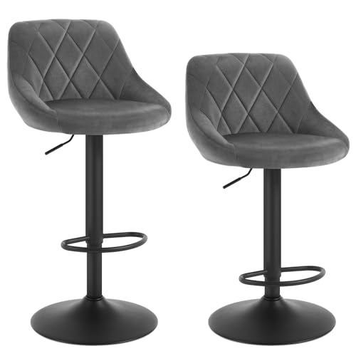 WOLTU Barhocker 2er Set, Barstuhl mit Lehne, höhenverstellbar drehbar, gepolsterter Samtsitz, rutschfestes Metallfuß, für Küche Hausbar, Dunkelgrau