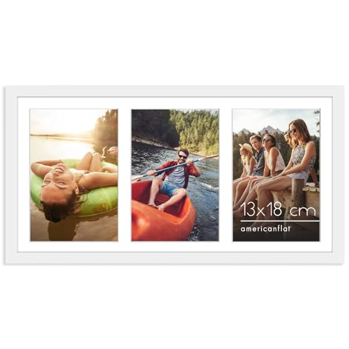 Americanflat Bilderrahmen Collage 13x18 cm Weiß - Bilderrahmen 20x41 cm mit Passepartout für drei 13x18 cm Fotos - Fotorahmen für Mehrere Bilder der Familie - Verbundholz mit Bruchsicherem Glas