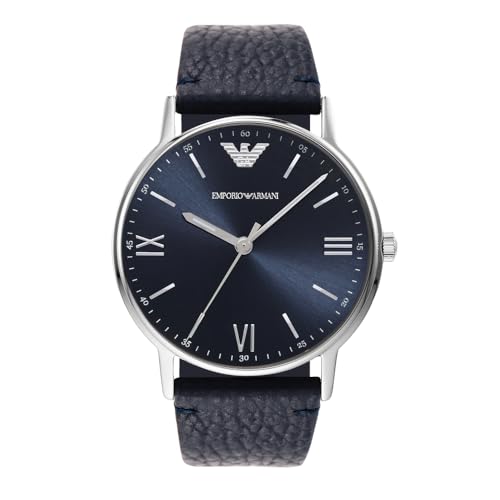 Emporio Armani Herrenuhr , Dreizeigeruhrwerk, 41mm Silbernes Edelstahlgehäuse mit Lederarmband, AR11012