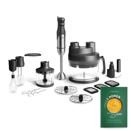SPRINGLANE Edelstahl Stabmixer Set Sam 800 Watt mit Pürierstab, Behälter mit Deckel, Zerkleinerer, Schneebesen, Rühr- & Knethaken, Küchenmaschine inkl. Aufbewahrungstasche (Stabmixer Set 13:1)