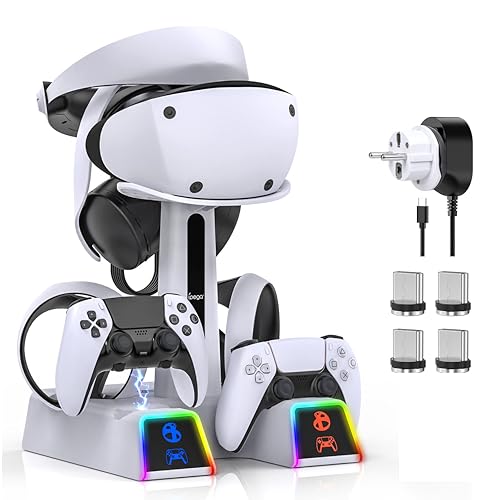 RGB Ladestation für PSVR2/ PS5 Edge/ PS5 Controller mit AC Adapter und US to EU Adapter, Vertikaler Ständer Zubehör für PS5VR2 Headset und Dualsense Controller + VR2 Ladestation + 10 RGB-Licht