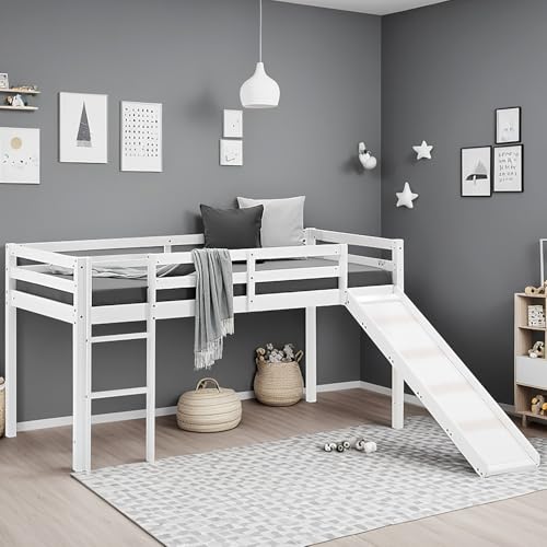 Homestyle4u Hochbett Kinder mit Rutsche Lattenrost Kinderbett 90x200 cm Weiß Etagenbett Jugendbett Kiefer Massiv | Artikel 2124