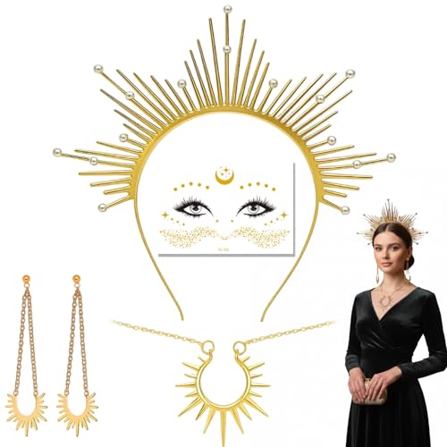 Qnvyw 4 Stück Sonnengöttin Kostüm Damen, Sonne Kostüm mit Haarreif & Halskette, Karneval Kostüm für Frauen, Griechische Göttin Accessoire Set für Fasching Party