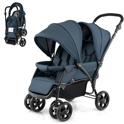 COSTWAY Geschwisterwagen klappbar, Zwillingswagen mit verstellbarer Rückenlehne & Verdeck, Reisebuggy mit Liegefunktion, Zwillingsbuggy Kinderwagen für Baby ab 6 Monate, 30 kg Belastbar (Blau)
