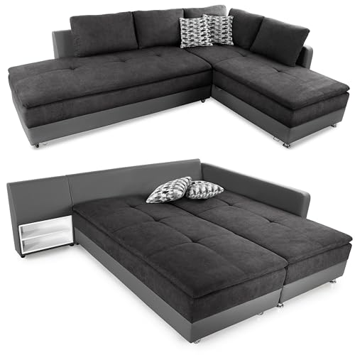 Federkern Ecksofa B306/T223/H95 cm Dauerschläfer, Doppelbett Schlaffunktion, Kaltschaum-Topper, Bettkasten, Regal, Schwenkteil LINKS, Mikrofaser-Bezug Anthrazit, Korpus Kunstleder Grau / 15105