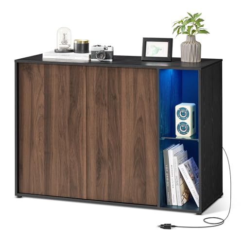 SONGMICS HOME Sideboard, Toolless-Technologie, superschnelle werkzeuglose Montage, Aufbewahrungsschrank mit Beleuchtung, TV-Schrank, Glasablage, naturwalnussfarben-ebenholzschwarz BBK372B01