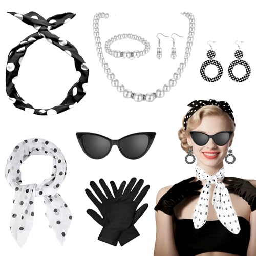 GOTRUST 50er Jahre Accessoires Damen, 1950s Rockabilly Accessoires, 50er Jahre Kostüm Zubehör Set, Vintage 60er Kleidungszubehör für Karneval Moto Retro Party