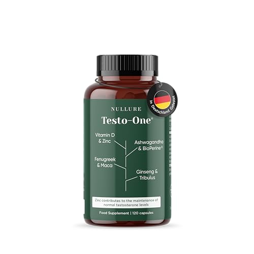 Nullure Testo-One T-Kapseln | Unabhängig getestet | Maca + Tribulus + Bockshornklee + Ashwagandha + Ginseng + Zink | Vegan & Ohne Zusätze | 120 Stück 2 Monate
