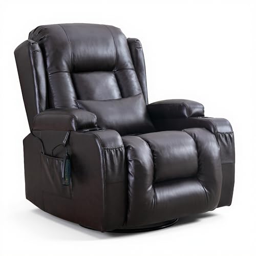 LIFTSHA Relaxsessel mit Liegefunktion, Massagesessel mit Wärmefunktion, 360° Drehbarer Fernsehsessel Wohnzimmer, Schaukelstuhl mit Kissen/Seitentaschen/Getränkehalter (Rötlich-braun)