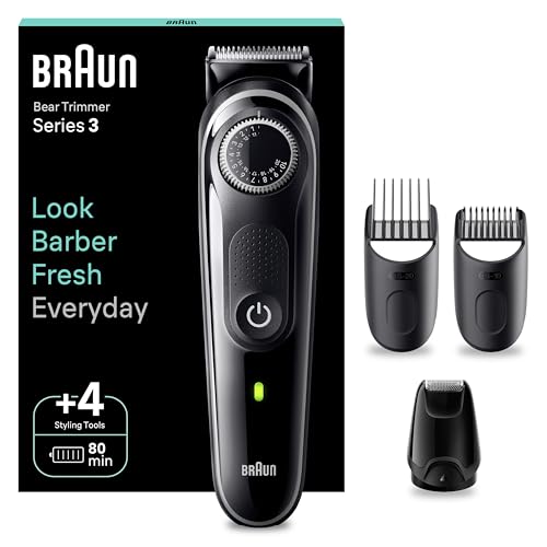 Braun Barttrimmer Series 3, Elektrischer Bartschneider Herren mit 4 Zubehörteile, Ultrascharfe ProBlade Klinge, 80 Min Akkulaufzeit, Kabelloser Bartrasierer, 40 Längen, Wasserdicht, BT3440, Schwarz
