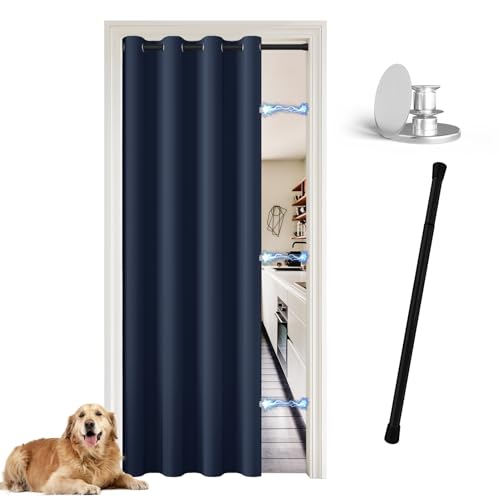 JCyh Tür Vorhang innen mit Stange und Magnetknopf, Türvorhang ohne Bohren für Küche/Schlafzimmer/Wohnzimmer/Abstellraum, Türvorhang Dunkelblau + Teleskopstange Schwarz 70-125 cm