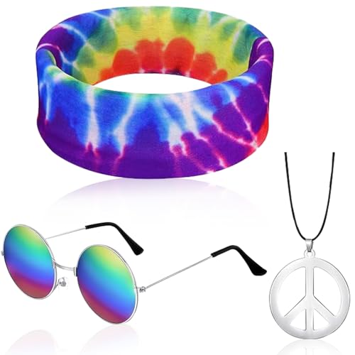 YUNHENTONG Hippie Kostüm Set,3 Stück Hippie Kostüm Set,Sonnenbrille,Peace Halskette Anhänger,Stirnband,Hippie Kostüm Damen Herren,Faschingkostüme 70er 80er Jahre Mottoparty Karneval Halloween