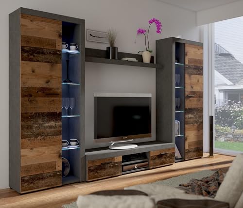 Kuechen-preisbombe Rumba XL Wohnwand Schrankwand Anbauwand Wohnkombi Wohnzimmer Old Wood + Matera