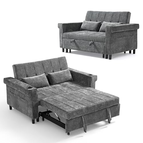 LINSY HOME 3-in-1 Schlafsofa, 2-Sitzer Sofa mit Schlaffunktion, Chenille Klappbares Schlafcouch mit Kissen, Seitentasche und Getränkehalter - Schlafbereich 120 x 190cm