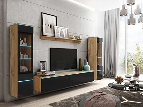 MINIO go for it - Wohnwand 4-Teilig Set Veve 2 I Hängend oder Stehend I 2X Hochschrank-Vitrine I Lowboard I Wandboard I Laminierte Spannplatte I Wotan Eiche und Schwarz Gloss - ohne Beleuchtung