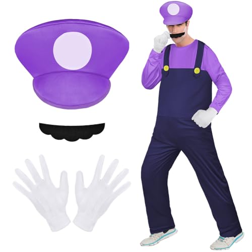Aomig Cosplay Kostüm, 4 Pcs Luigi Bros Cosplay mit Mütze Hose Bart Handschuhe, Super-Brüder Luigi Kostüm Set Männer Damen, Erwachsene Outfit Kostüm für Weihnachten Karneval Faschingskostüme (Lila,L)