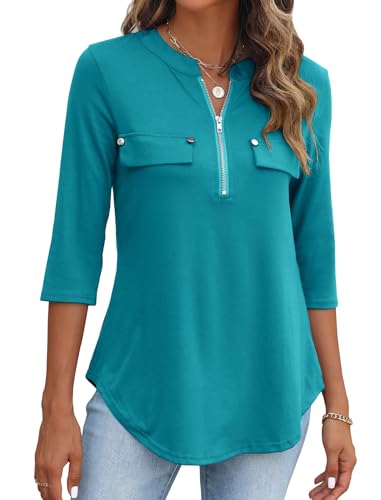 BDTECAOR Bluse Damen Elegant V Ausschnitt 3/4 Ärmel Tunika Casual Lockere Frühling Oberteile Damenmode Blaugrün M