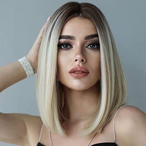PORSMEER Perücke Blond und Braun Lang Glatt Ombre Perücken für Frauen, Dunkle Wurzel Mittelteil Volle Natürlich Wie Echthaar Party/Kostüm Wig Damen 36cm 14Inch