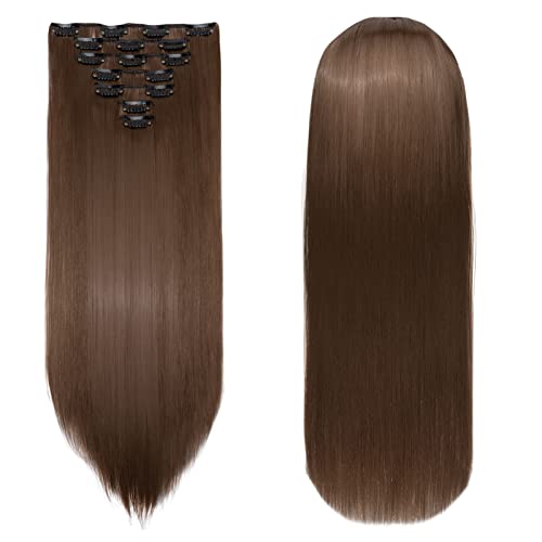 Extensions Clip in Extensions Echthaar 8 Teile 60cm Haarverlängerung Haarteil Glatt Synthetische Haare Natürlich Lang, Goldbraun