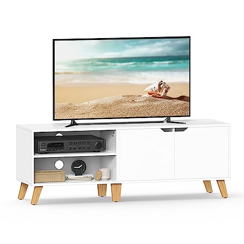 VASAGLE TV-Schrank, Fernsehtisch mit 2 Türen, 140 cm lang, TV-Regal für Fernseher bis zu 60 Zoll, verstellbare Ablagen, für Wohnzimmer, Esszimmer, Schlafzimmer, weiß LTV027T46