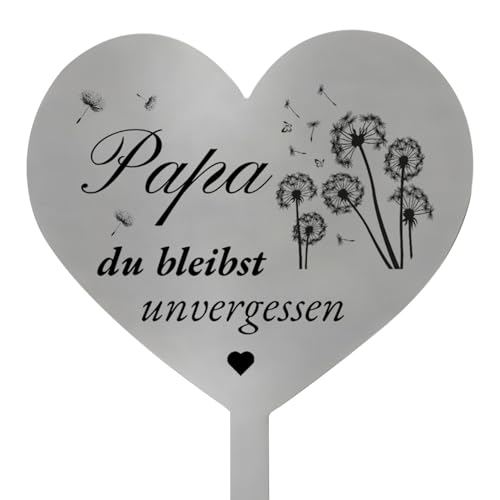 Scinzene Herz Grabschmuck Wetterfest Grabdeko aus Metall mit Spruch Papa du bleibst unvergessen und Löwenzahn Design - Ewige Erinnerung für Friedhöfe und Gedenkstätten