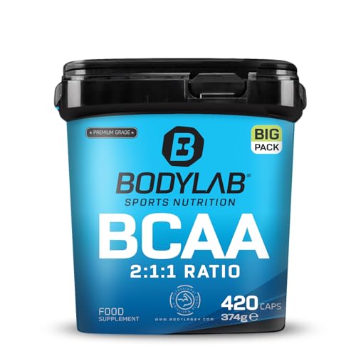 Bodylab24 BIG PACK BCAA 420 Kapseln, 1200mg BCAA im Verhältnis 2:1:1 je Portion, enthält L-Leucin, L-Isoleucin und L-Valin, einfach in der Dosierung durch praktische Kapselform