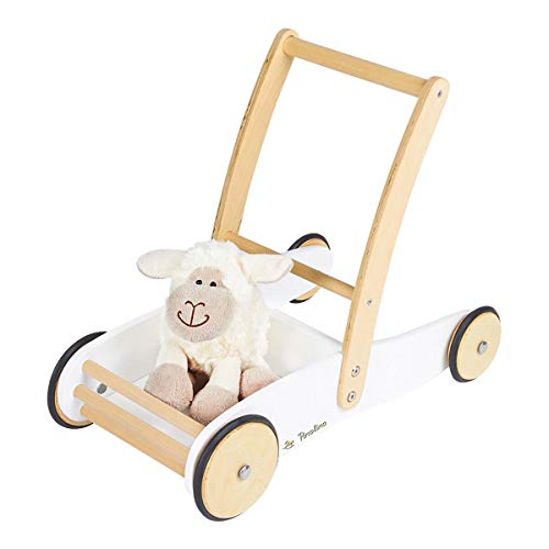 PINOLINO Lauflernwagen Uli aus Holz - mit Bremssystem, gummierten Holzrädern, großer Ladefläche, angenehmer Griffhöhe, für Kinder ab 1 Jahr, weiß