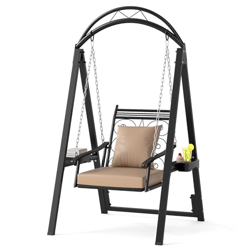 COSTWAY Outdoor Schaukel mit Gestell, Gartenschaukel Metall mit abnehmbaren Kissen & Seitentischen, bis 160 kg, Terrassenschaukel Schaukelgerüst für Garten, Balkon, Hinterhof (Schwarz)
