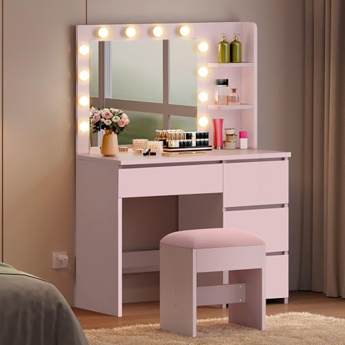 YITAHOME Schminktisch mit Beleuchtung, Dressing Table mit Spiegel Schminktische mit Hocker 3 Farben mit Einstellbarer Helligkeit, Frisiertisch mit 4 Schubladen Offenen Fächern Vanity Table Rosa