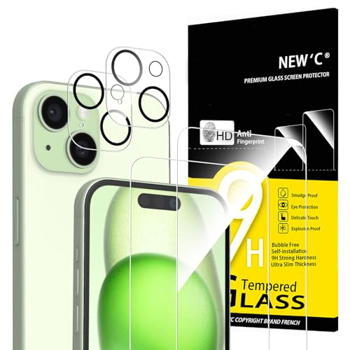 NEW'C für iPhone 15 für Panzerglas 6,1 Zoll (2 Stück) und 2 x Kamera Panzer Schutz für Kameraschutz (2 Stück) -Kratzfest -extrem widerstandsfähig -9H-Härteglas