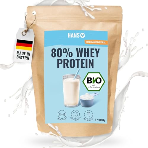HANS Brainfood 80% Bio Whey Protein Pulver Neutral 1kg von Kühen aus Bayern ohne Zucker - Eiweißpulver, Whey, Eiweiss Protein Pulver - 100% reines Bio Molke-Protein
